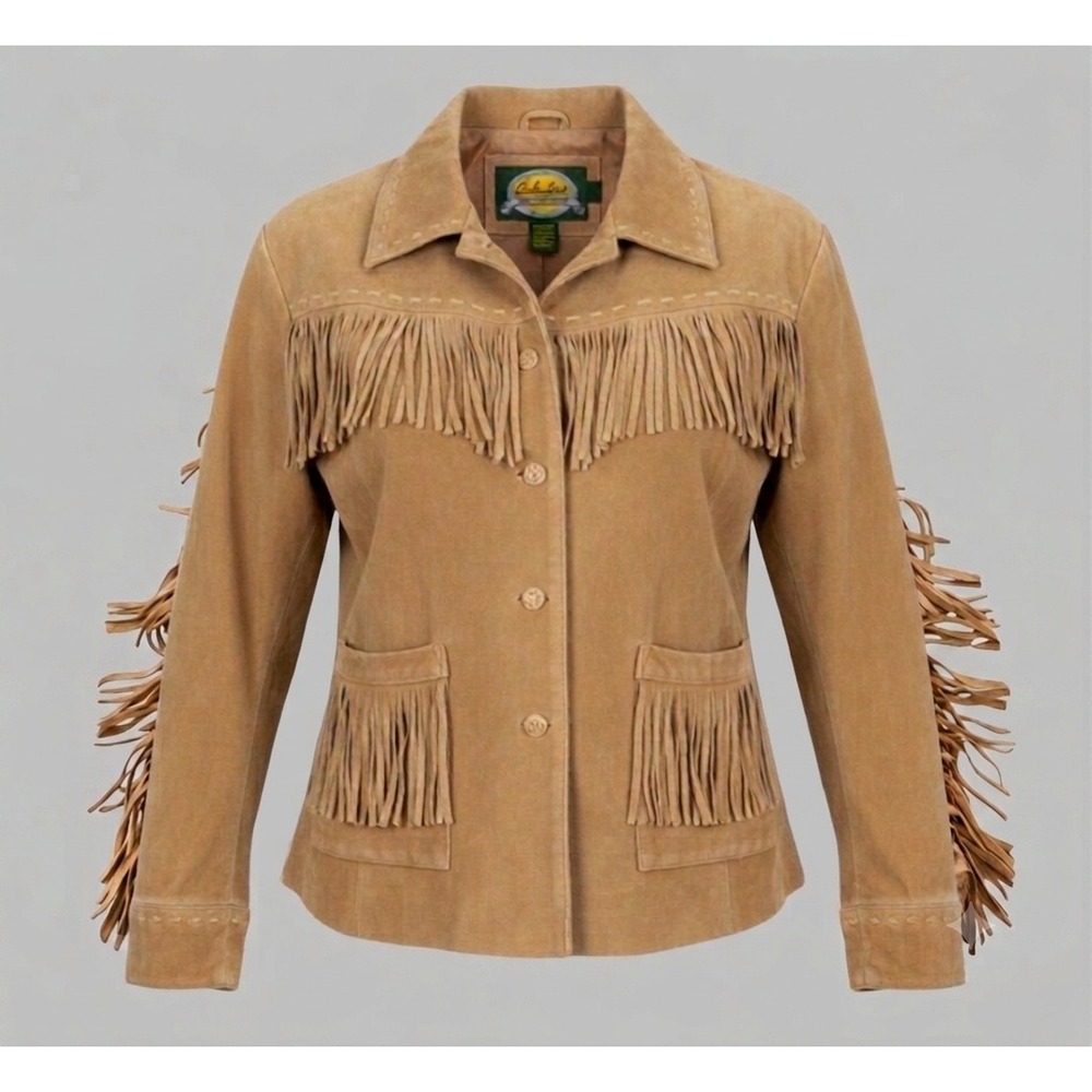 Cabelas Womens Suede Fringe Jacket Tan Leather Western Boho Vtg Coat Sz LARGE